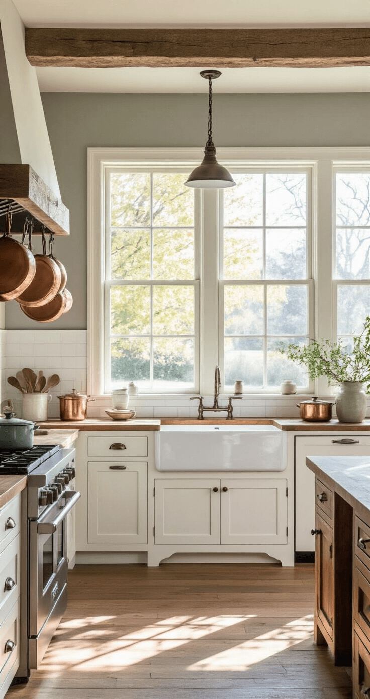 A spacious farmhouse kitchen with white shaker cabinets, a walnut island, and soft gray walls, illuminated by warm afternoon light. Vintage enamel sink and hanging copper pots add character, with modern and antique accessories in muted greens and blues on the countertops.