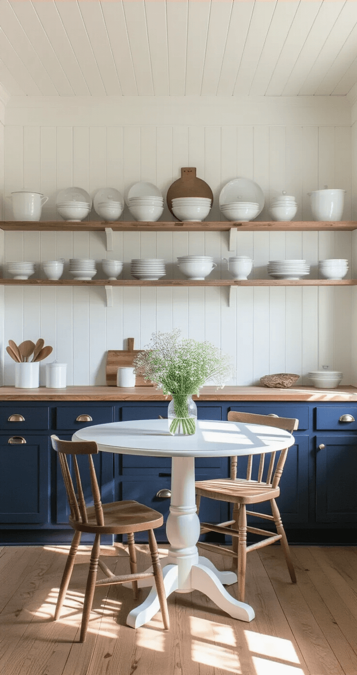 A cozy farmhouse kitchen nook at dawn, featuring navy blue lower cabinets and butcher block counters, with weathered wood shelves displaying white ironstone dishes. A round pedestal table with mismatched chairs is centered, adorned with wildflowers, while soft morning light casts shadows across crisp white walls and a beadboard ceiling.