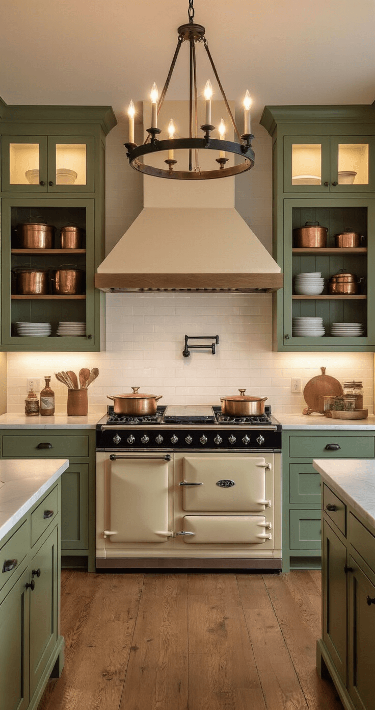 An expansive open-concept farmhouse kitchen at twilight, featuring sage green cabinets, a cream Aga range, and warm undercabinet lighting, with a large iron chandelier overhead and wide plank oak flooring, capturing a cozy atmosphere in a corner view.