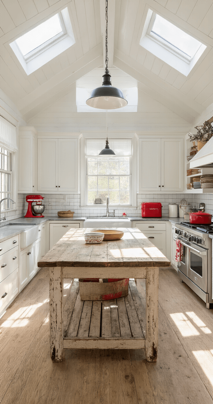 A bright farmhouse kitchen with white cabinets, a distressed wood island, and red accents, featuring a subway tile backsplash and a large farmhouse table, all illuminated by natural light from skylights.