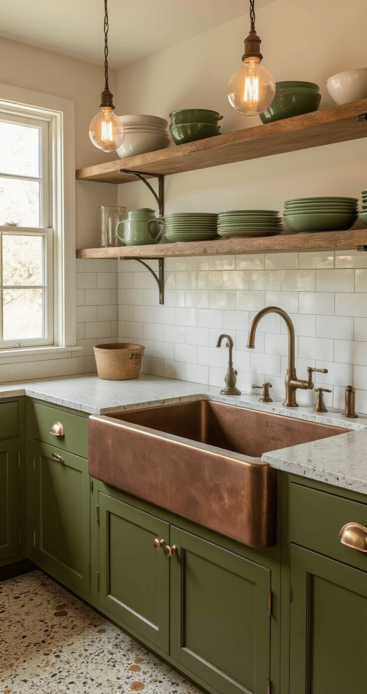 A cozy farmhouse kitchen at dusk with olive green cabinets, brass hardware, a hammered copper apron-front sink, vintage jadeite dishes on open shelves, and modern terrazzo countertops, illuminated by Edison bulb pendants.