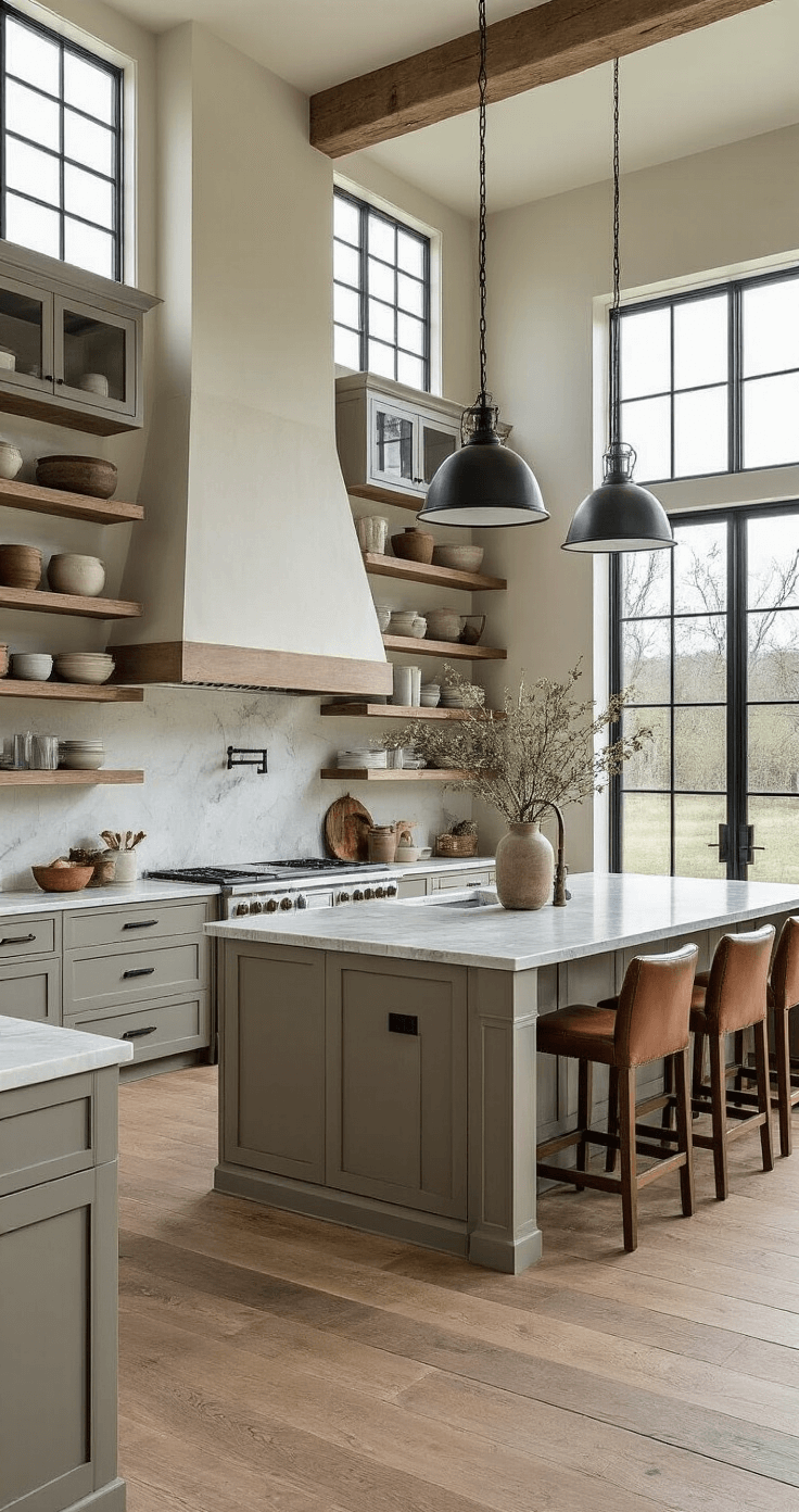 A panoramic view of a spacious farmhouse kitchen featuring large steel-framed windows, greige lower cabinets, glass-front upper cabinets, and a massive honed marble island with leather and wood barstools. Open shelving displays modern ceramics and vintage items, complemented by wide plank reclaimed wood flooring, all set against a cloudy morning backdrop.