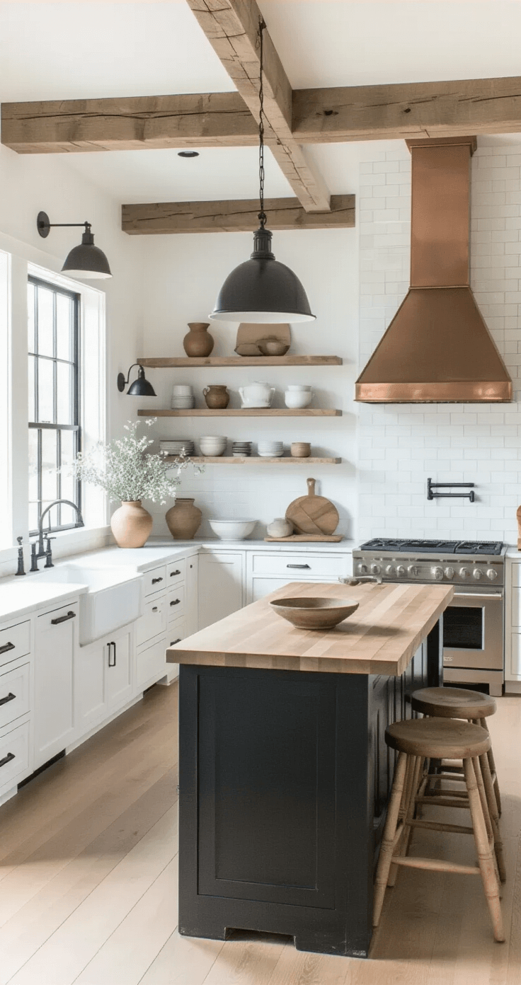 A modern farmhouse kitchen featuring white shaker cabinets, a matte black island with butcher block top, exposed wooden beams, a farmhouse sink, subway tile backsplash, open shelving with pottery, and a custom copper range hood, all illuminated by soft morning light.