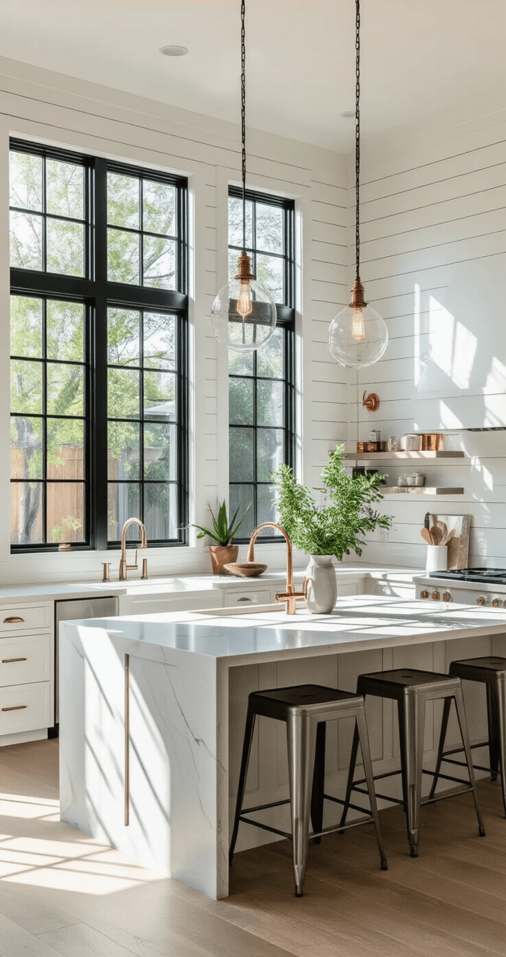 An elevated view of an L-shaped kitchen with 12ft ceilings, featuring white walls and black-framed windows. A large island with a waterfall quartz countertop is surrounded by metal stools, with shiplap on one accent wall and modern appliances in custom cabinetry. Pendant lights with exposed bulbs illuminate the space, enhanced by greenery and copper accents, showcasing textures and shadows in the late afternoon sunlight.