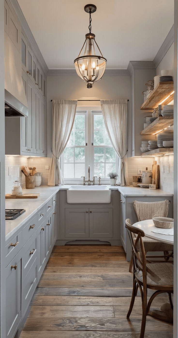 A cozy galley kitchen at dusk with gray cabinets, white marble countertops, under-cabinet lighting, a chandelier, a farmhouse sink, open shelving, reclaimed wood flooring, and a small breakfast nook with mismatched chairs.