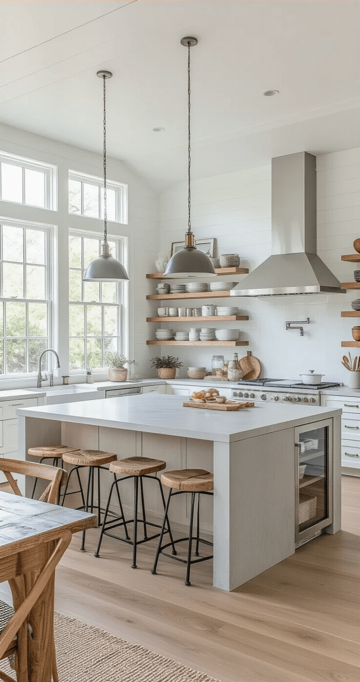 A bright and airy kitchen-dining space with white walls and high ceilings, featuring a concrete island, modern stainless steel appliances, vintage lighting, a glass-door pantry, live-edge wooden shelves, and a color palette of whites, grays, and natural wood tones.