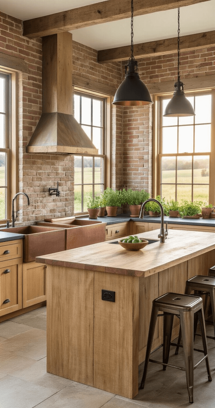 A warm, rustic-modern kitchen featuring honey-toned wooden cabinets, slate gray countertops, and a copper apron-front sink. A large butcher block island with industrial stools, exposed brick wall, and matte black pendant lights create a cozy atmosphere, enhanced by fresh herbs on the windowsill.