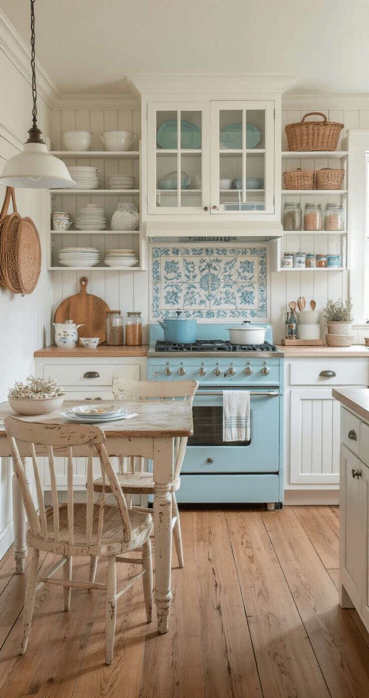 A cozy kitchen nook with white beadboard cabinets showcasing colorful dishes, a distressed farmhouse table surrounded by mismatched vintage chairs, and open shelving filled with enamelware and mason jars, all bathed in soft evening light.