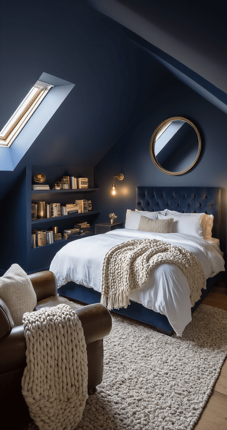 Cozy attic bedroom with sloped navy walls, a low platform bed under a skylight, vintage leather armchair, chunky knit throws, floating shelves with books and brass objects, and warm Edison bulb sconces, all bathed in soft evening light.