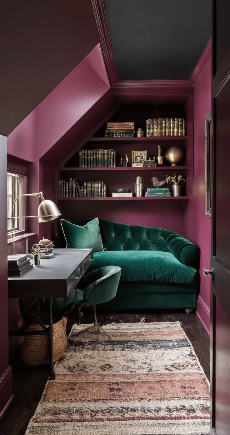 A cozy bedroom nook with rich plum walls and a black ceiling, featuring a custom desk in an alcove, a chaise lounge in emerald velvet under a dormer window, layered rugs on dark hardwood floors, and dramatic side-lighting that enhances textures and shadows.