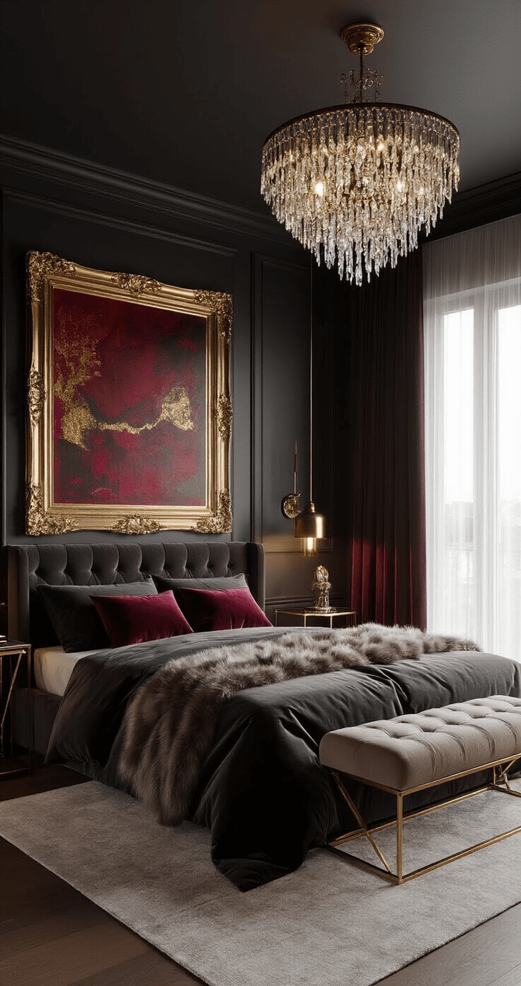 Luxurious small bedroom with dark charcoal walls, a king-sized bed adorned with jewel-toned pillows and a faux fur throw, oversized gilded mirror, crystal chandelier, sheer curtains, brass side tables with lamps, and an abstract painting in deep reds and golds.