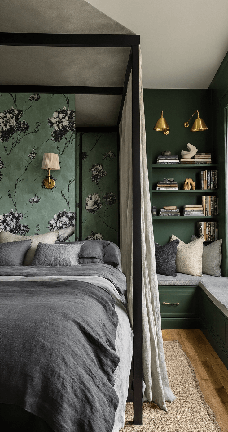 A long, narrow bedroom featuring dramatic black floral wallpaper on one wall, deep forest green walls, a dark wood four-poster bed with gray linen and silk bedding, a row of floating shelves with art books and sculptures, a cozy reading nook with a built-in window seat and textured pillows, and warm lighting from brass wall sconces, all captured from one end of the room to emphasize its length.