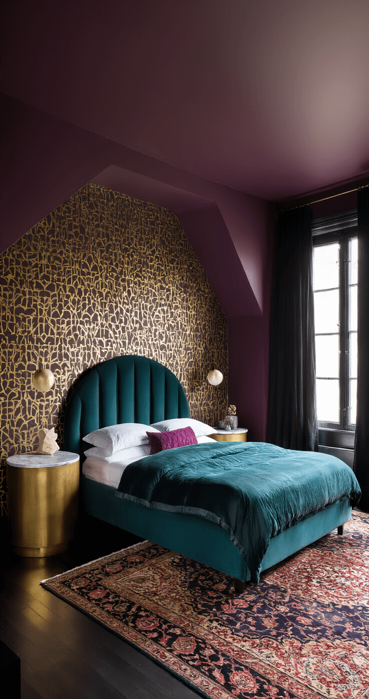 A cozy corner bedroom featuring rich aubergine walls, a metallic gold geometric accent wall, a deep teal velvet headboard, mismatched nightstands, a vintage Persian rug, and sheer black curtains, all illuminated by soft, diffused golden lighting.