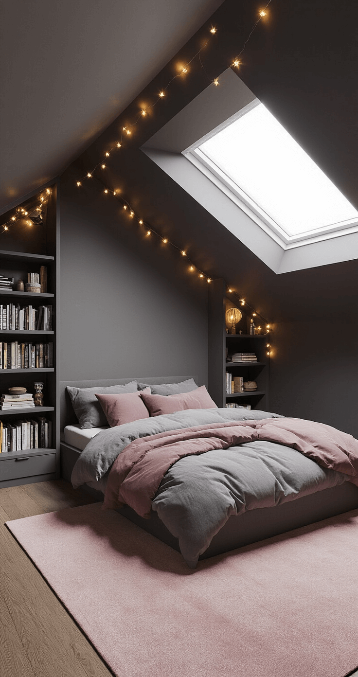 A cozy bedroom with slanted ceilings painted warm charcoal, featuring a low-profile platform bed with gray and mauve linens, built-in shelving displaying books, a pale pink area rug, and string lights draped along the ceiling, illuminated by natural light from a skylight.
