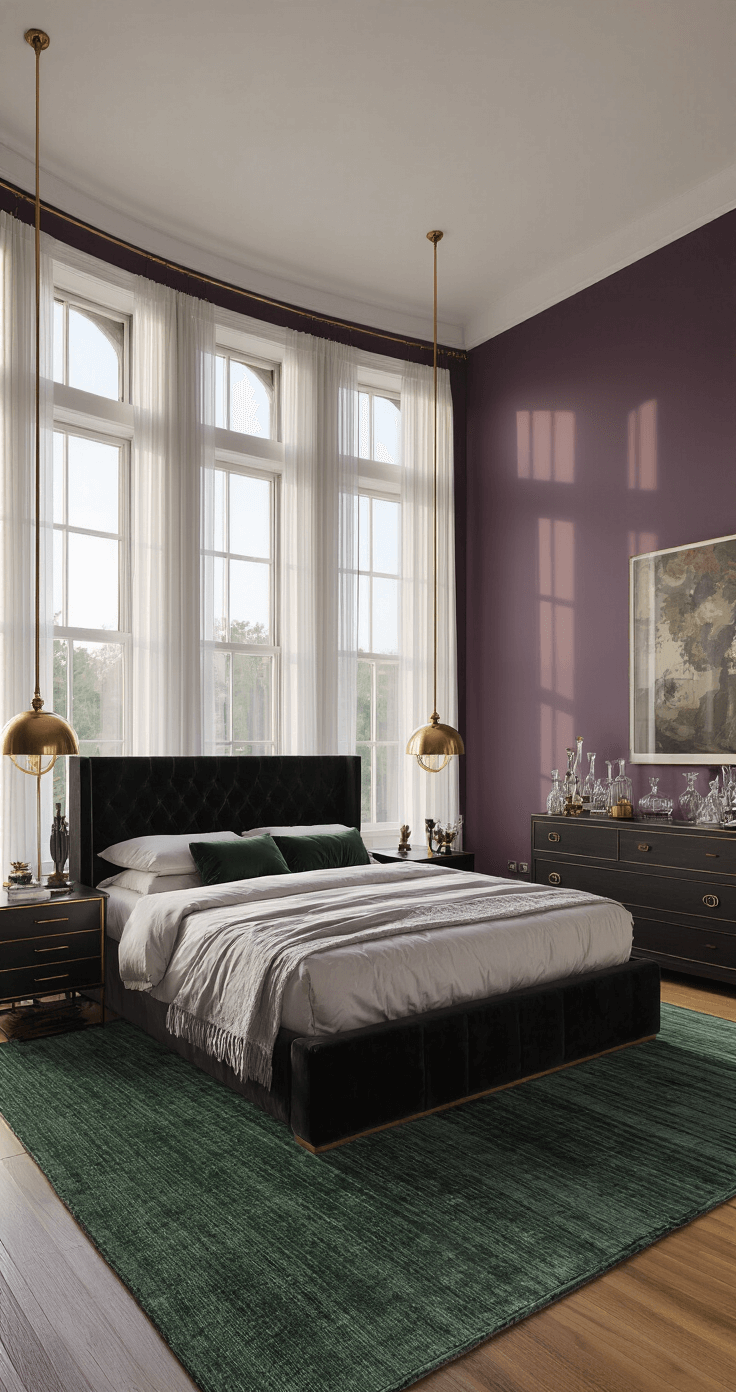 A spacious master bedroom featuring a king-size bed with a tufted black velvet headboard, brass nightstands, and deep amethyst walls, illuminated by early evening light filtering through sheer curtains, casting long shadows.