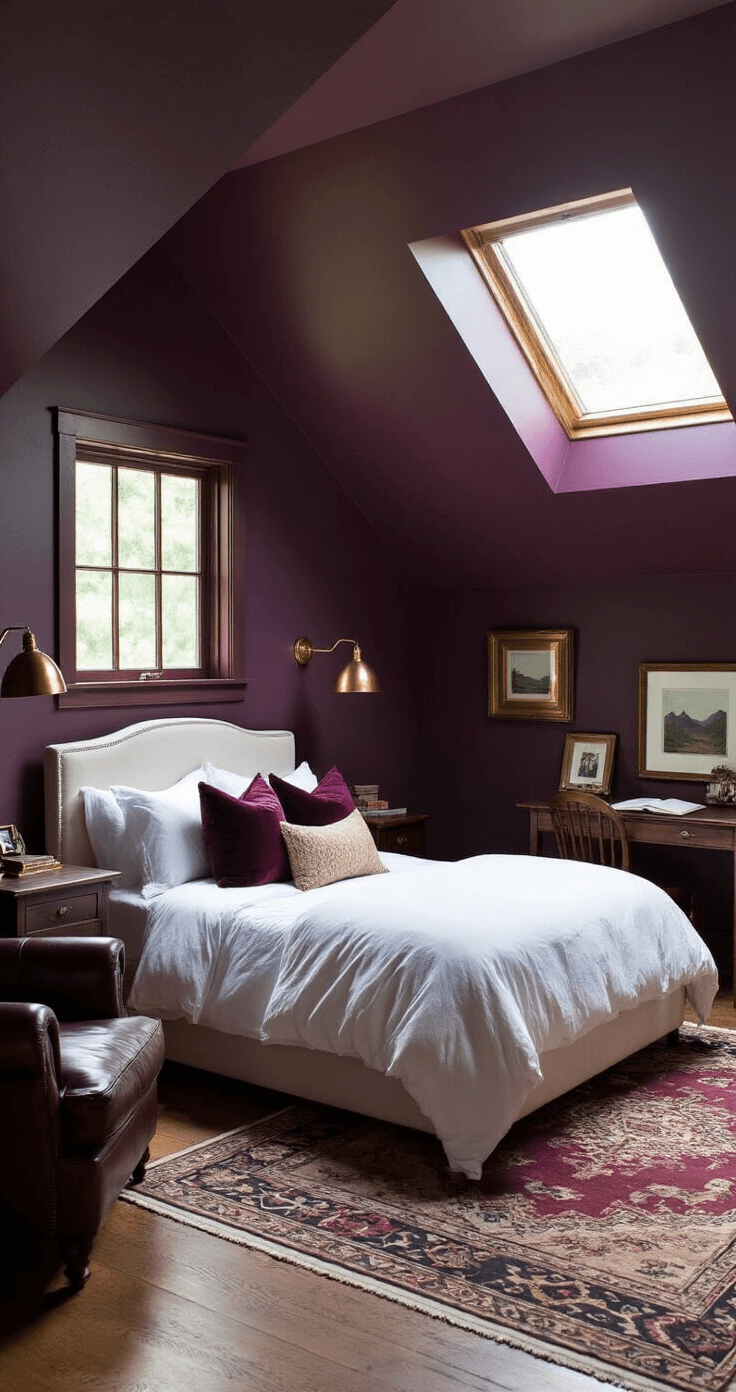 A cozy 12x12 foot guest bedroom with sloped ceilings and a dormer window, featuring a queen-size bed with white linens and burgundy pillows, dark purple walls, a vintage leather chair, and a walnut writing desk illuminated by late afternoon sunlight streaming through the window, casting soft shadows and highlighting dust motes.