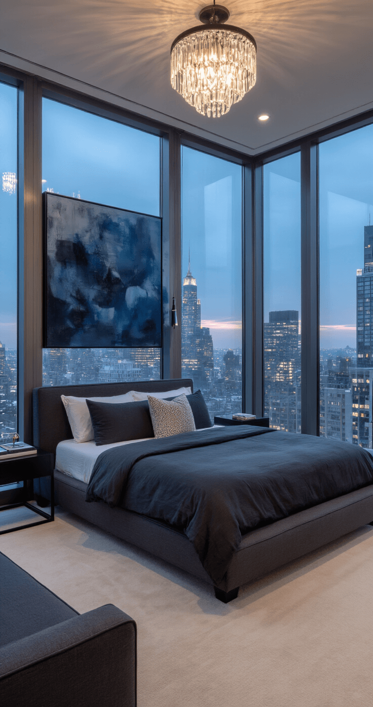 A contemporary primary bedroom with floor-to-ceiling windows showcasing a cityscape at predawn, featuring a charcoal linen platform bed, minimalist black side tables, and walls painted in Benjamin Moore's 'Nocturnal Gray'. A large abstract painting in deep blues and silvers, plush cream carpeting, and a crystal chandelier enhance the moody atmosphere, with minimal cool-toned lighting emphasizing the night-to-day transition.