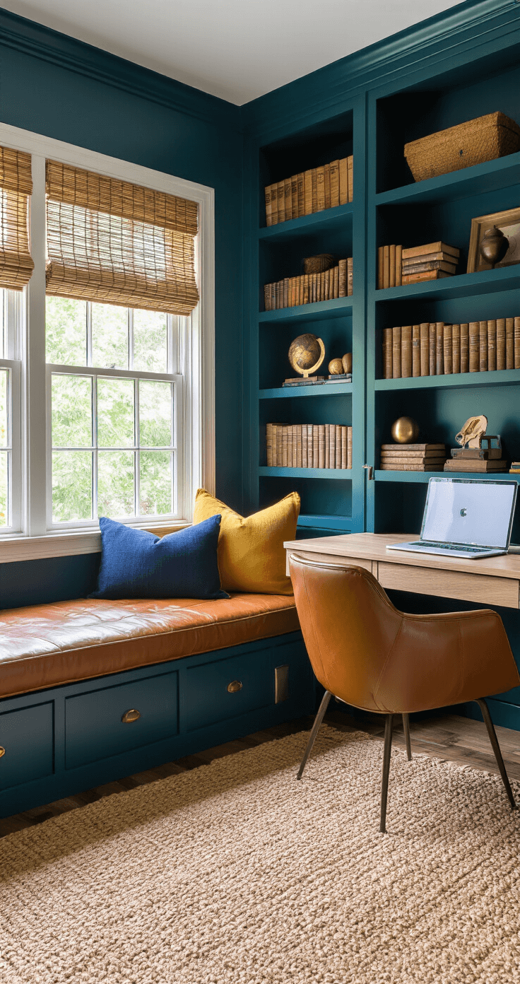 Cozy dual-purpose home office and guest room featuring a cognac leather daybed, navy and mustard throw pillows, deep teal walls, built-in bookshelves with leather-bound books, a warm wood floating desk, and layered jute rugs, all bathed in warm midday light filtered through bamboo blinds.