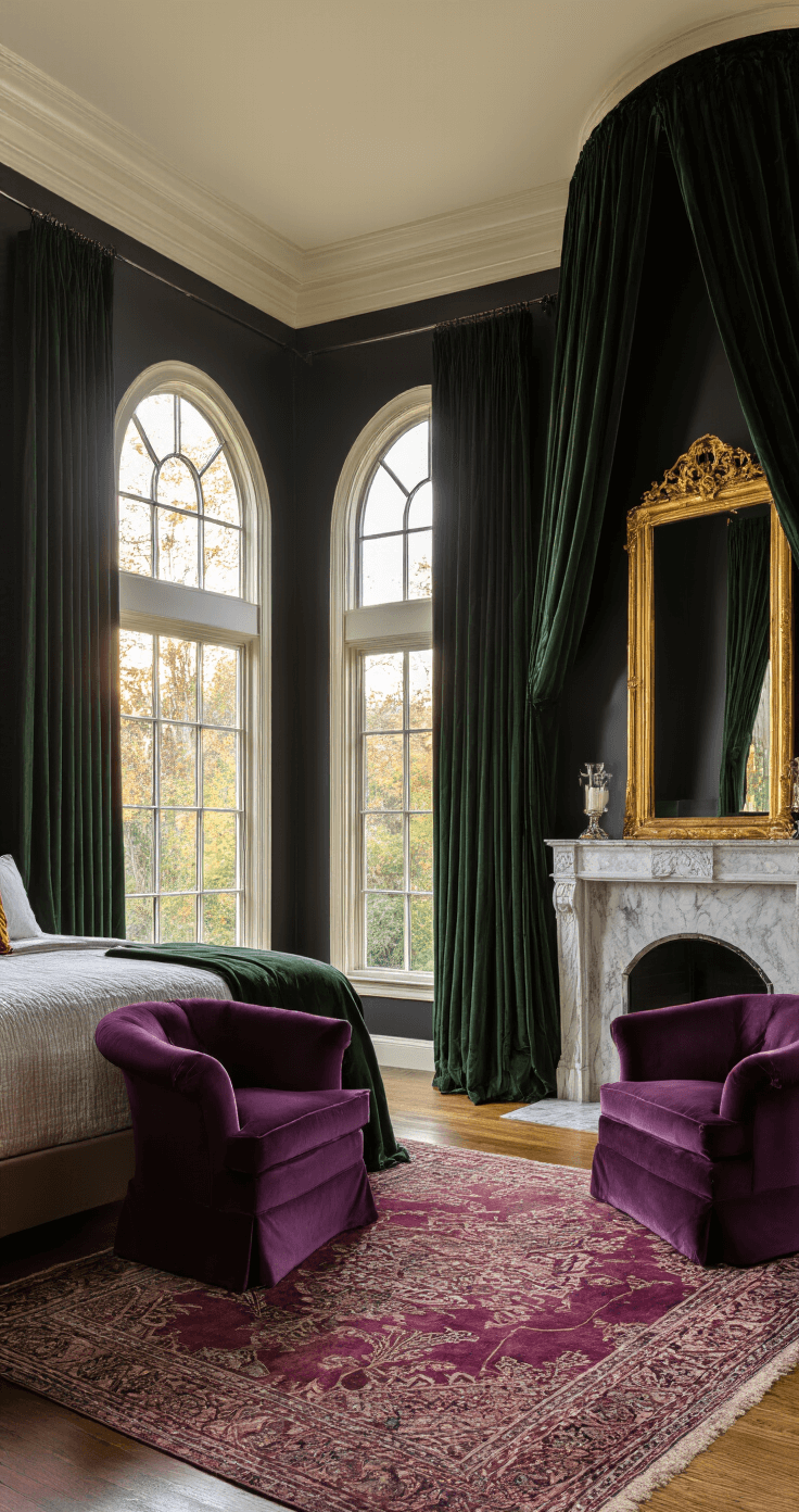 A grand master suite featuring a canopy bed with dark green velvet curtains, illuminated by golden hour light through tall arched windows. The room, painted in Benjamin Moore's 'Black Pepper,' includes a sitting area with deep purple velvet armchairs by a marble fireplace, and a gilded mirror reflecting warm light over luxurious silk rugs in jewel tones on hardwood floors.