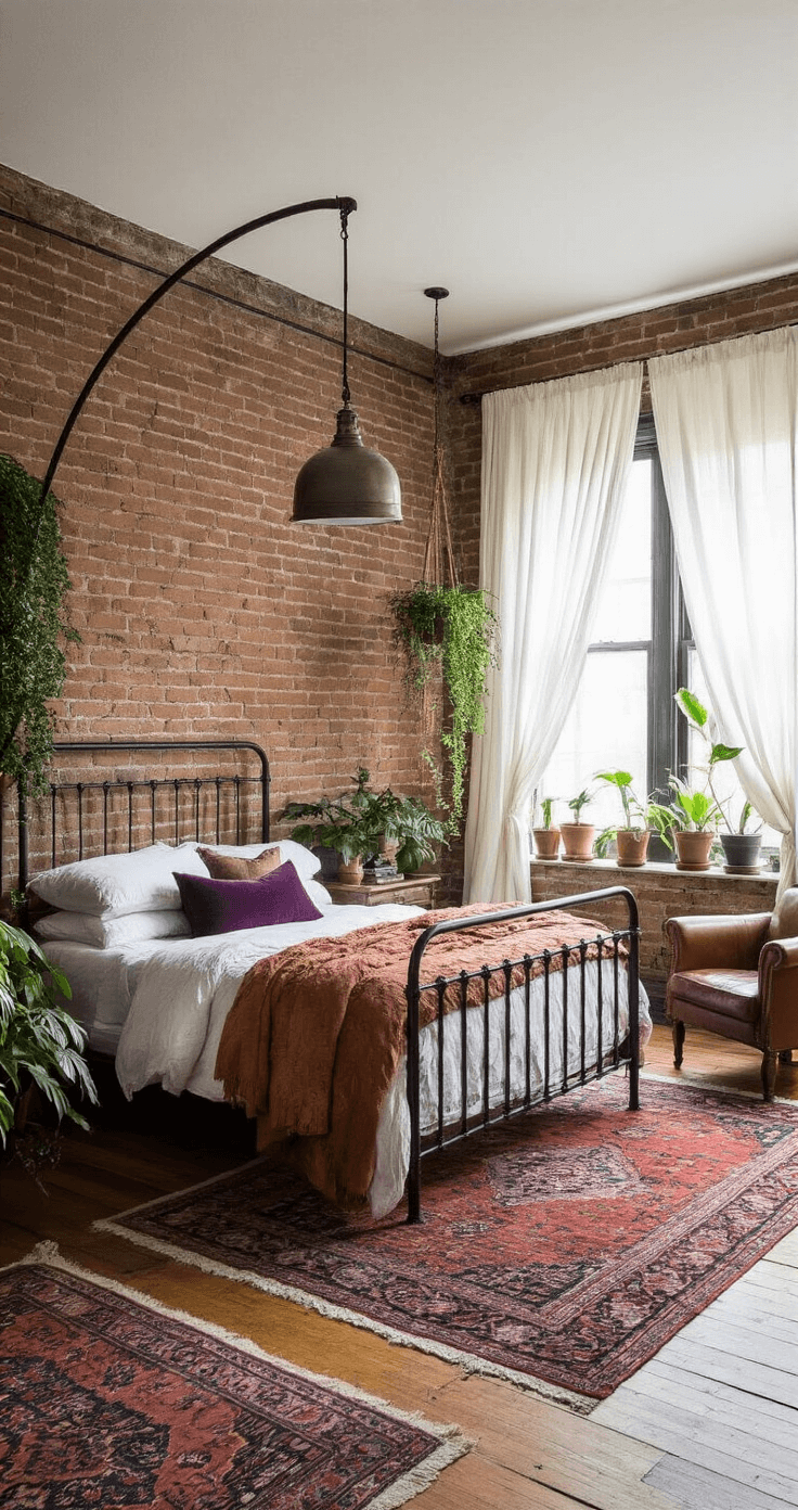 An eclectic 12x14 foot bedroom featuring exposed brick walls, hardwood floors, and soft twilight lighting. The wrought iron bed has a thick mattress with pillows in plum, navy, and burnt orange. One wall is painted Townsend Harbor Brown, with vintage Persian rugs on the floor. An industrial-style floor lamp arches over a leather reading chair, surrounded by potted plants and hanging vines, creating a cozy, bohemian atmosphere.