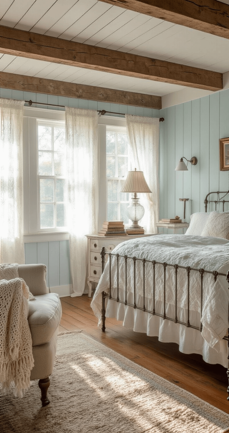 Cozy sun-drenched cottage bedroom with exposed wooden beams, wrought-iron bed, antique dresser, and pale blue shiplap walls, captured in soft morning light.