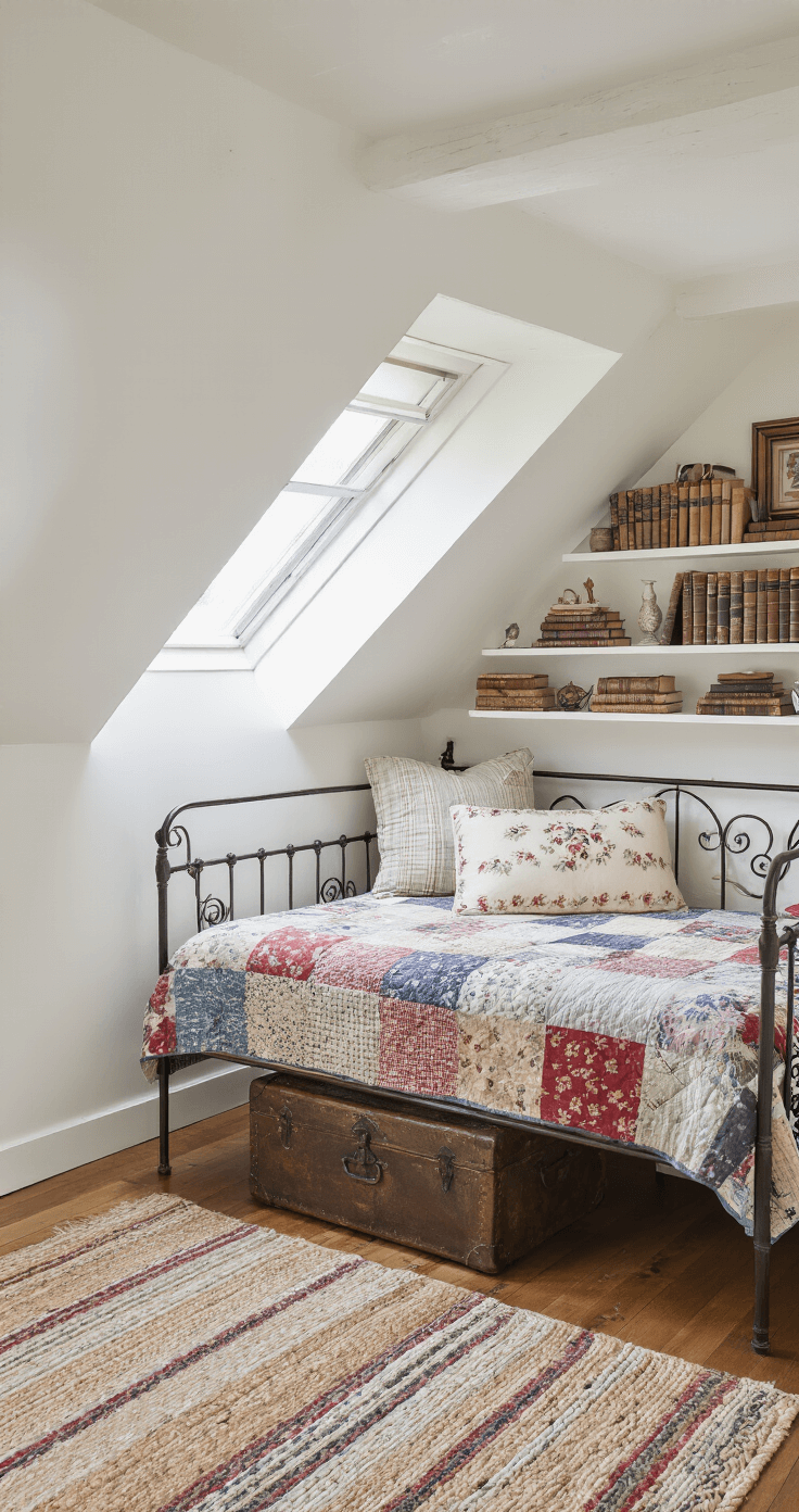 A cozy attic bedroom featuring sloped ceilings and dormer windows, with sunlight casting patterns on whitewashed walls. A wrought-iron daybed with a patchwork quilt and embroidered pillows sits under the eaves, surrounded by open shelving displaying antique books and trinkets. A weathered trunk serves as both storage and seating at the foot of the bed, while braided rugs in muted tones adorn the wide plank floors. The camera's angle emphasizes the room's inviting dimensions and the interplay of light and shadow.