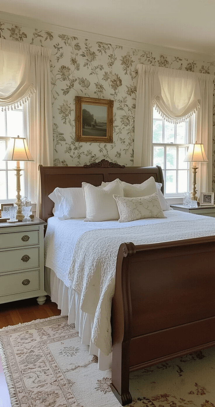 A cozy master bedroom with a king-sized sleigh bed adorned in white linens and decorative pillows, surrounded by East Lake dressers, soft lamplight, and floral wallpaper, creating a warm twilight ambiance.
