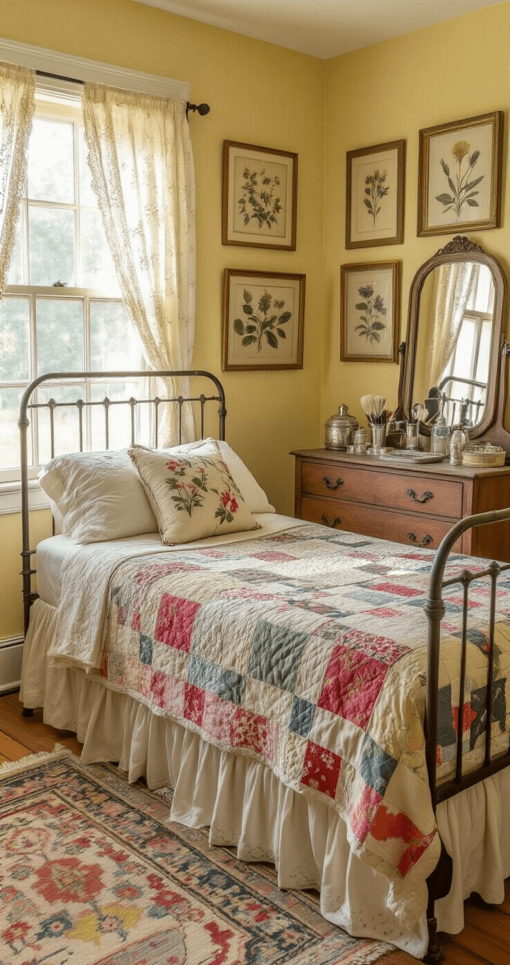 A cozy guest bedroom featuring a wrought-iron twin bed with vintage linens, an antique dresser with mismatched silver brushes, pale yellow walls adorned with botanical prints, a distressed ladder displaying quilts, and lace curtains filtering afternoon light.