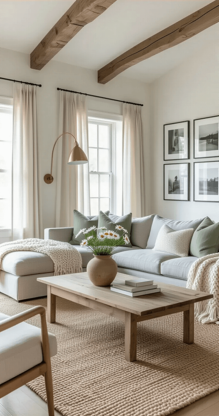 A sunlit living room with vaulted ceilings, featuring a modern grey sectional with cream throws and sage pillows, an antique coffee table, a vase of daisies, black and white photographs on warm white walls, a woven jute rug, and a brass floor lamp, all captured from eye level.