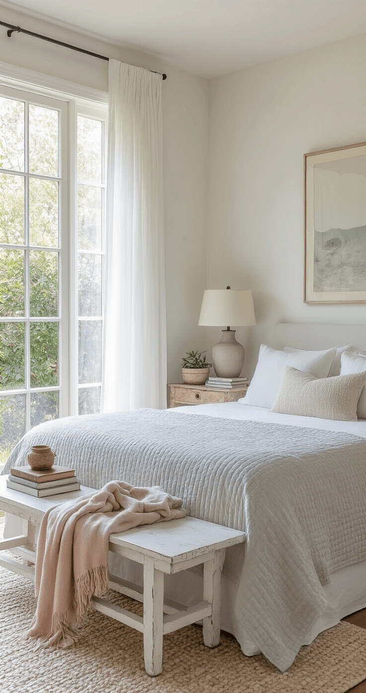 A serene 10x12 ft bedroom with sheer white curtains, a modern platform bed with crisp linens, weathered wooden nightstands adorned with ceramic lamps and air plants, and a soft blush throw on a distressed bench, all enhanced by warm afternoon light and lavender walls.