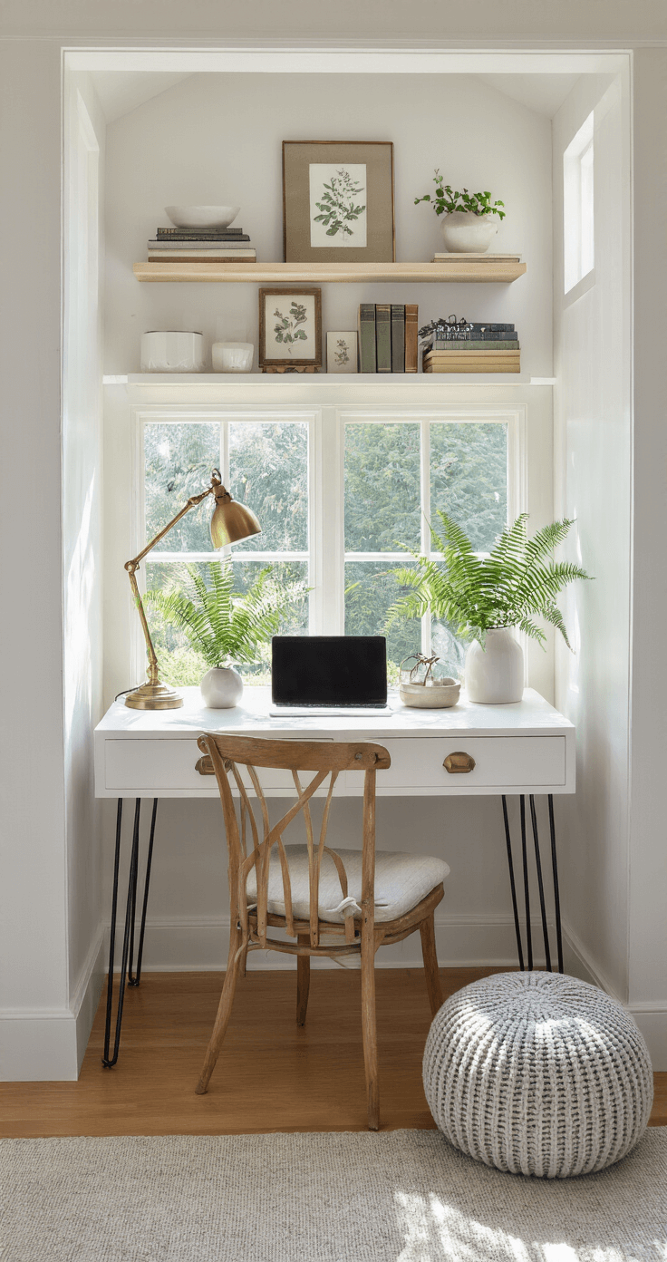 A cozy home office nook in a bay window alcove, featuring a modern white desk with hairpin legs, an antique reupholstered chair, and a vignette of a laptop, brass lamp, and white ceramics with ferns, complemented by floating shelves filled with books and botanical prints, all bathed in warm sunlight.