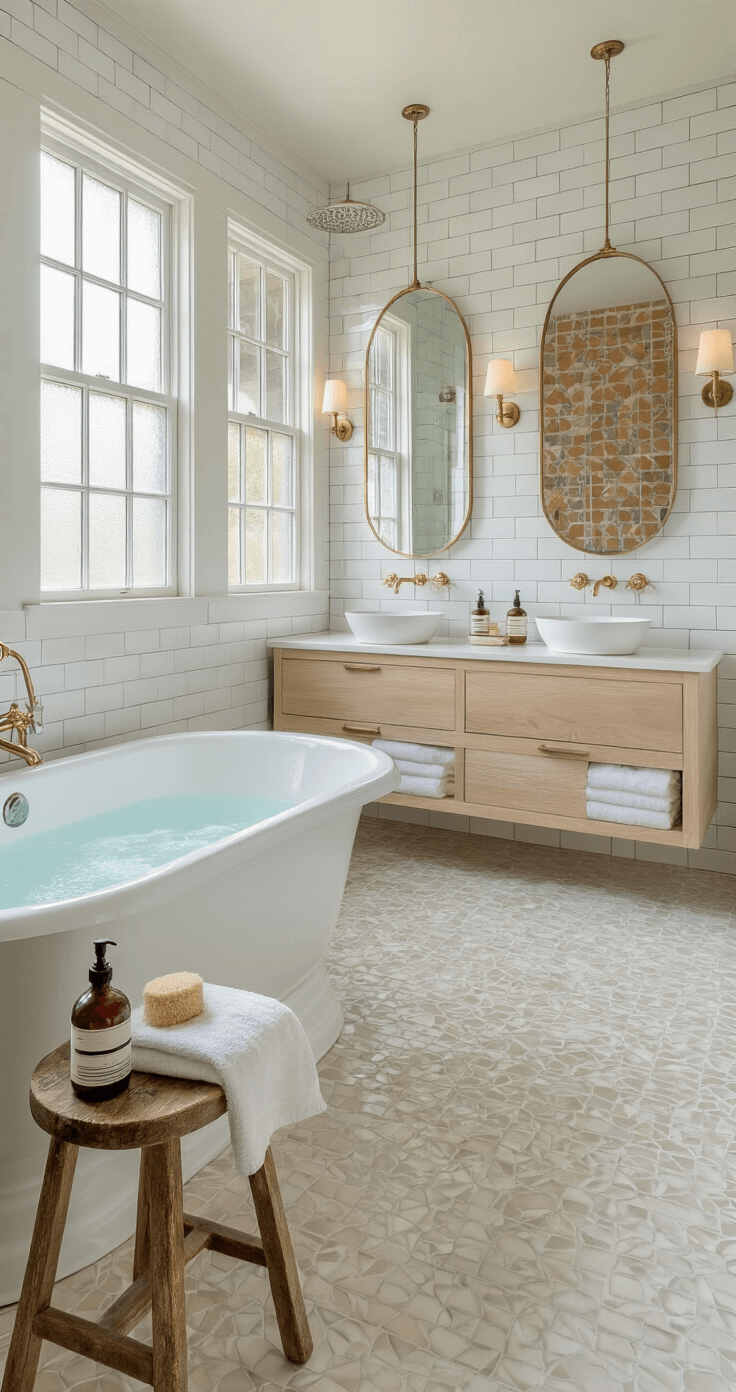 A serene master bathroom blending vintage charm and modern simplicity, featuring a freestanding clawfoot tub, floating double vanity with vessel sinks, and a modern glass shower, all illuminated by evening light through frosted glass windows.