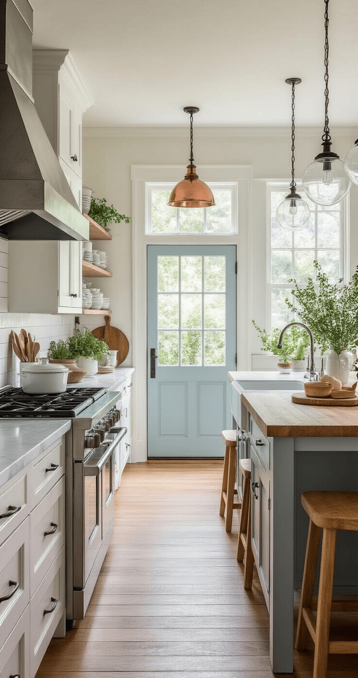 A charming 12x15 ft kitchen featuring white shaker cabinets, honed marble countertops, and a farmhouse sink, illuminated by morning light. The space includes a modern stainless steel range, open shelving with vintage enamelware, a large butcher block island with seating, mixed pendant lights, and a pale blue Dutch door leading to an herb garden, all set against warm wooden floors.
