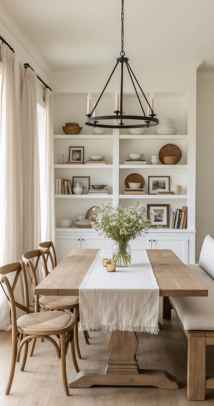 A warmly lit dining area with a weathered oak farmhouse table surrounded by vintage wooden chairs and neutral upholstered benches, featuring a minimalist black chandelier above, a low wildflower arrangement, and a backdrop of curated shelves and sheer linen curtains.