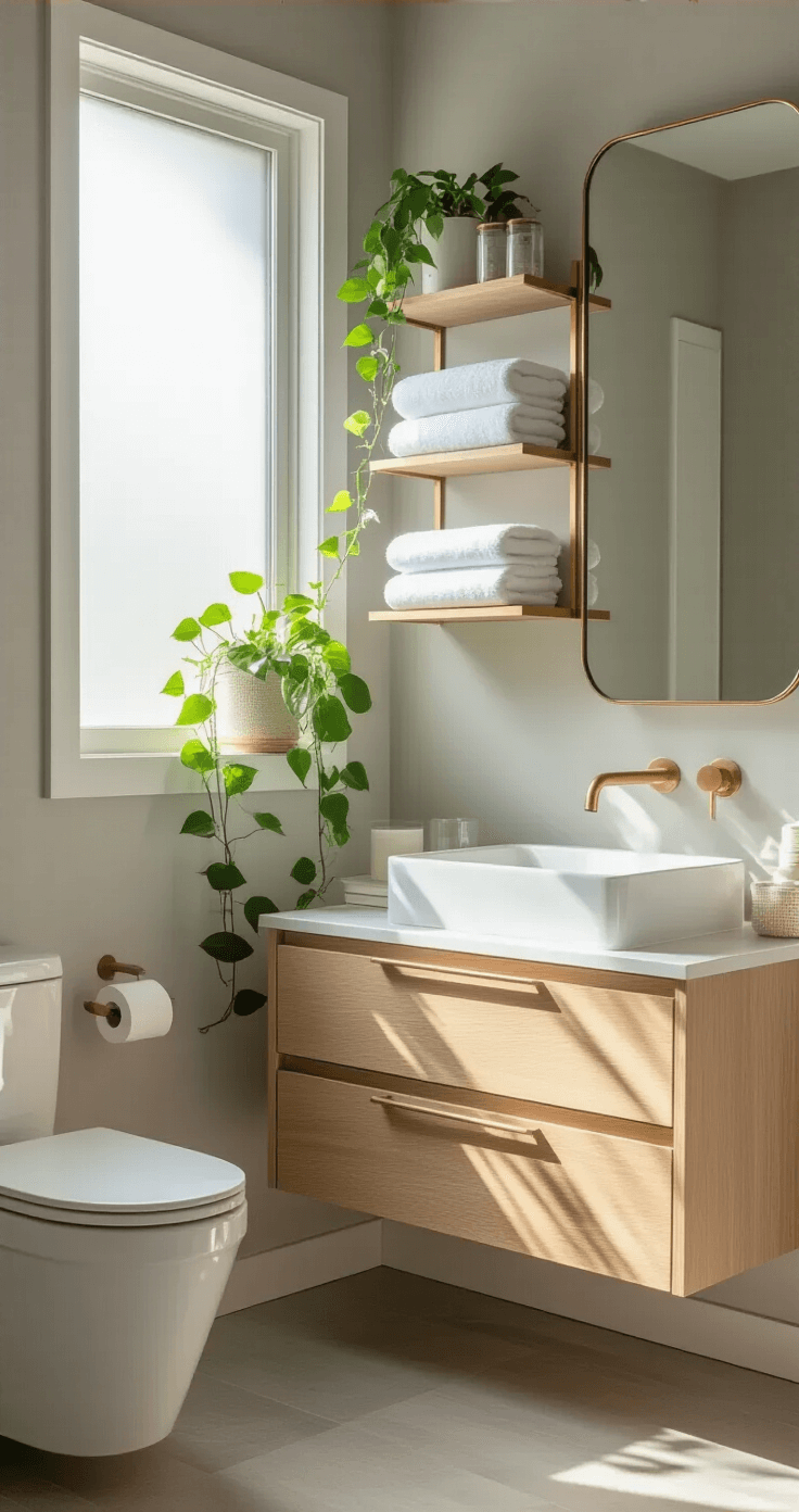 A modern bathroom featuring a wall-mounted floating vanity in white oak, soft gray walls, and morning sunlight illuminating brushed brass floating shelves adorned with white towels and a pothos plant. A frameless mirror and a slim-profile toilet enhance the space, emphasizing vertical storage elements.