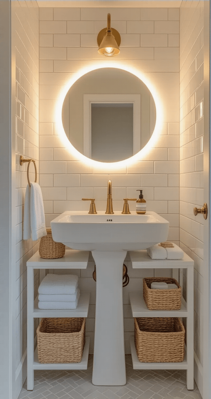 Interior view of a compact bathroom at golden hour, showcasing a matte white pedestal sink under a circular LED-backlit mirror, herringbone-patterned glossy white subway tile walls, and a white étagère with glass shelves filled with woven baskets and bathroom essentials, accented with soft grays and warm brass.