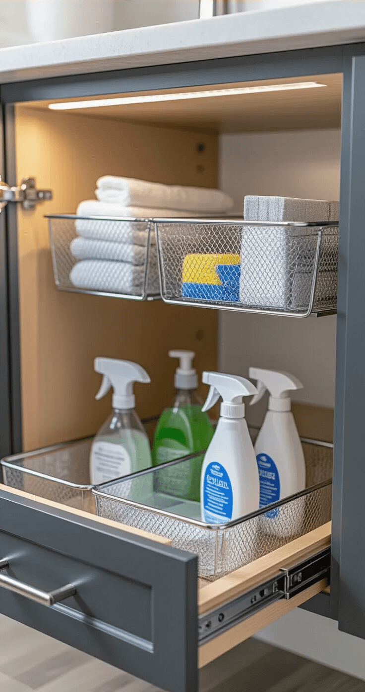 Close-up view of a charcoal gray wall-mounted floating vanity under a sink, featuring pull-out drawer organizers with clear acrylic dividers and chrome tension rods supporting hanging mesh baskets for cleaning supplies, all illuminated by crisp white LED lighting.
