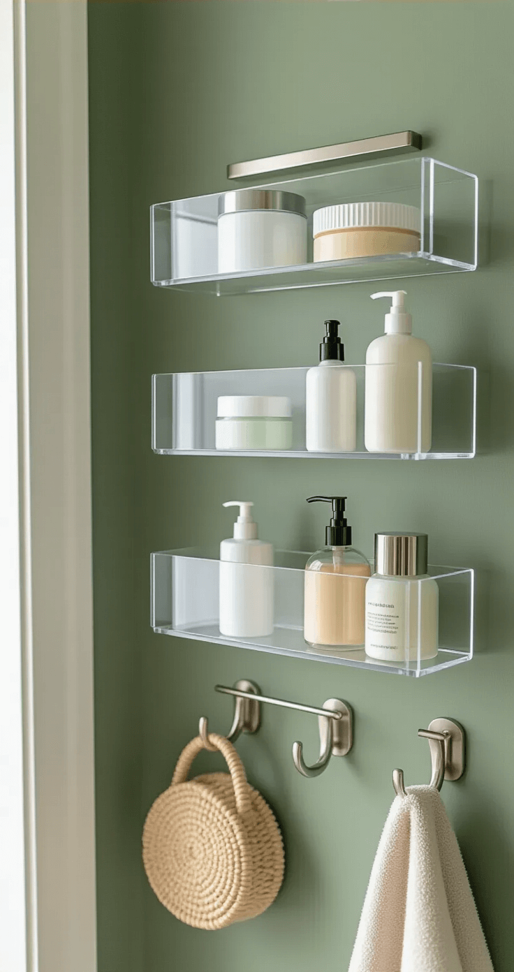 Detail shot of a sage green door featuring an organized system of clear acrylic shelving with arranged toiletries, complemented by brushed nickel hooks for hanging items, captured from a low angle with professional lighting highlighting the materials and shadows.