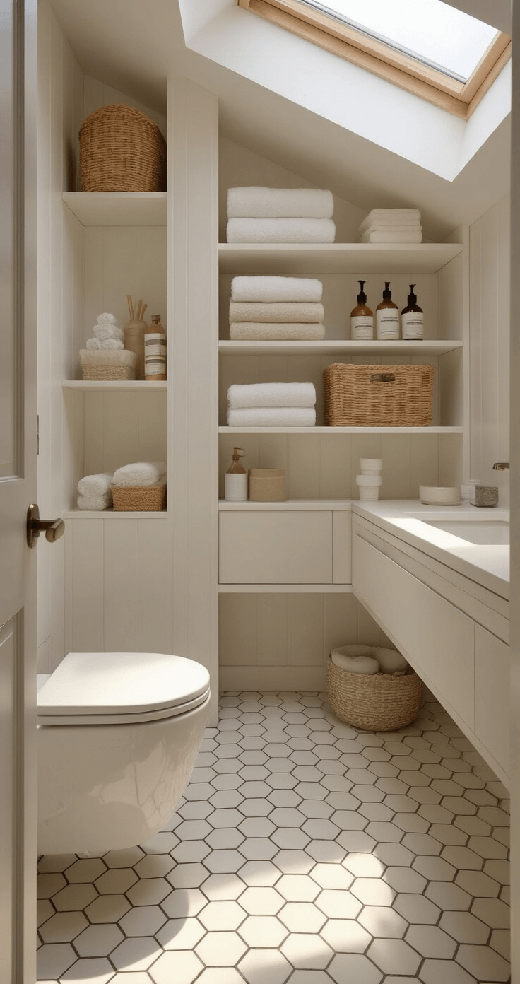 Overhead view of a compact, monochromatic white bathroom with a hexagonal tile floor, wall-mounted toilet, floating vanity, and floor-to-ceiling white lacquer shelving showcasing towels and accessories in white and beige, illuminated by natural light from a skylight.