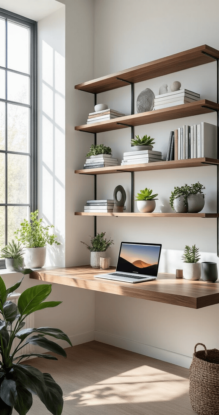 Ultimate Guide to Large Wall Shelving: Transform Your Space with Smart Storage Solutions Modern home office with modular wall shelving, large window, MacBook Pro on floating desk, and a curated display of design books, succulents, and sculptures in a cool gray and warm wood color palette.