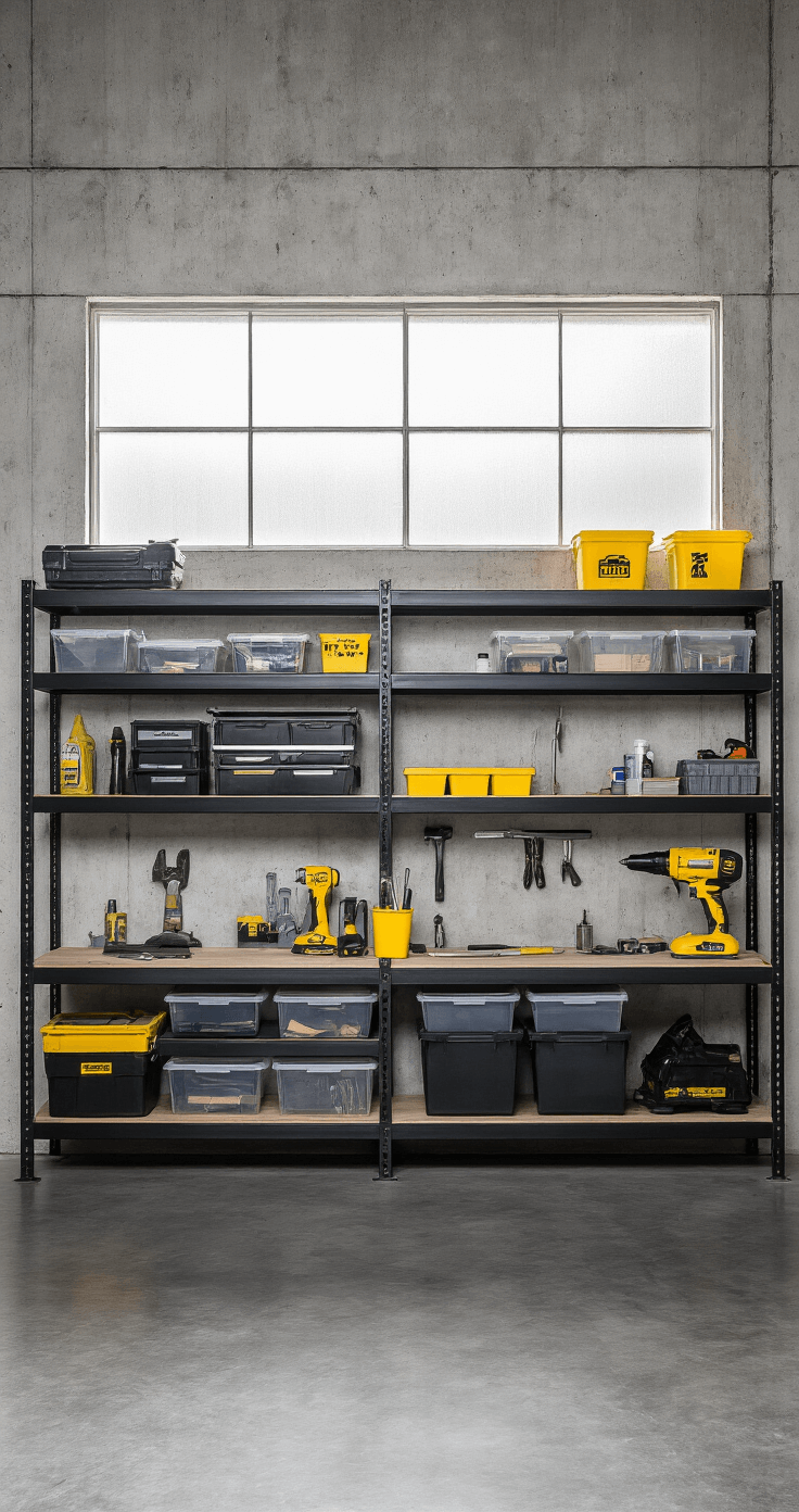 Ultimate Guide to Large Wall Shelving: Transform Your Space with Smart Storage Solutions Industrial garage workspace featuring heavy-duty black powder-coated steel shelving filled with clear storage bins and tools, set in a 20x24 foot area with polished concrete floors and exposed concrete walls. Morning light filters through frosted windows, creating dramatic shadows and emphasizing textures in the monochromatic gray palette, accented by yellow safety equipment.