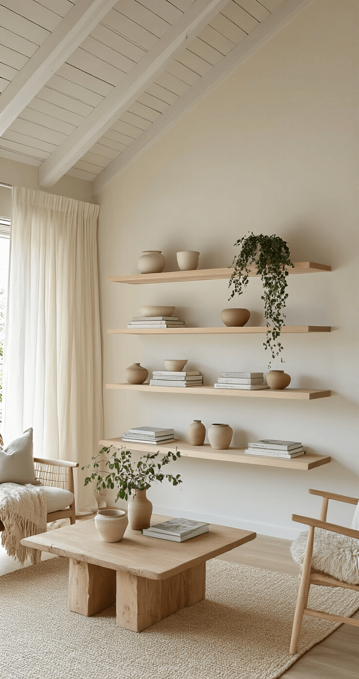 Ultimate Guide to Large Wall Shelving: Transform Your Space with Smart Storage Solutions A Scandinavian living room featuring a 15-foot vaulted ceiling with exposed white beams, golden hour light filtering through sheer curtains, and three staggered white oak floating shelves against a cream-colored wall, styled with ceramic vessels, art books, and trailing plants, captured in a low-angle shot with soft, diffused natural lighting and warm whites, natural woods, and sage green accents.