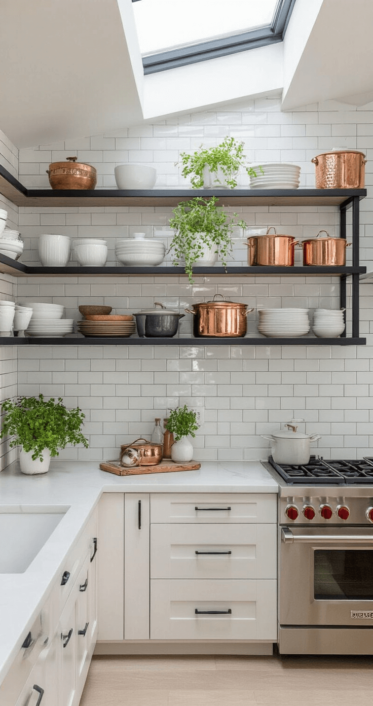 Ultimate Guide to Large Wall Shelving: Transform Your Space with Smart Storage Solutions Contemporary kitchen with modular open shelving, 10-foot walls, and a subway tile backsplash, illuminated by mid-morning light from a skylight. Displays artisanal ceramics, copper cookware, and fresh herbs on matte black aluminum frames with tempered glass shelves, creating a professional culinary atmosphere in a white, black, and copper palette with organic accents.