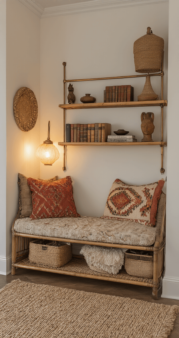 Ultimate Guide to Large Wall Shelving: Transform Your Space with Smart Storage Solutions A cozy Bohemian bedroom reading nook featuring a rattan and brass shelving system filled with vintage books and global artifacts, illuminated by warm table lamp light. The space has 9-foot walls with architectural molding, adorned with jewel-toned textiles. The image is taken from a sitting position, exhibiting a dreamy effect with earthy tones and a warm ambiance.