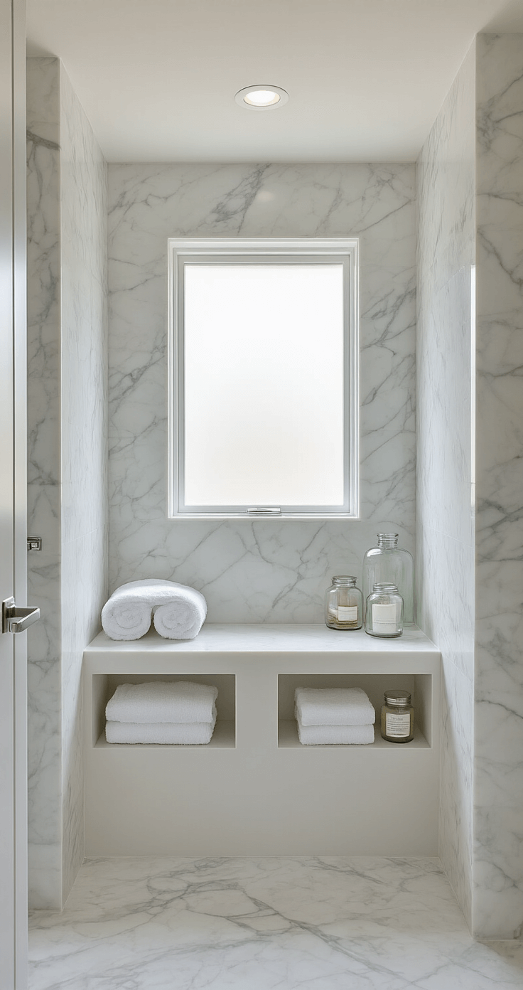 Ultimate Guide to Large Wall Shelving: Transform Your Space with Smart Storage Solutions Minimalist bathroom with built-in floating shelves, floor-to-ceiling marble tile, and cool morning light. White lacquered shelves display rolled towels and glass jars, creating a serene, spa-like atmosphere.