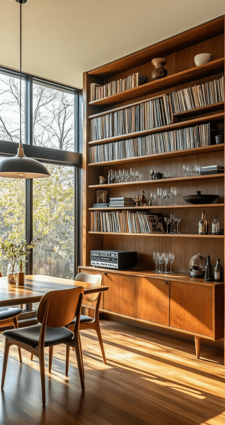 Ultimate Guide to Large Wall Shelving: Transform Your Space with Smart Storage Solutions Mid-century modern dining room featuring a floor-to-ceiling teak bookshelf wall, original hardwood floors, and dramatic late afternoon sunlight casting shadows, with a curated display of vinyl records, vintage barware, and art objects.
