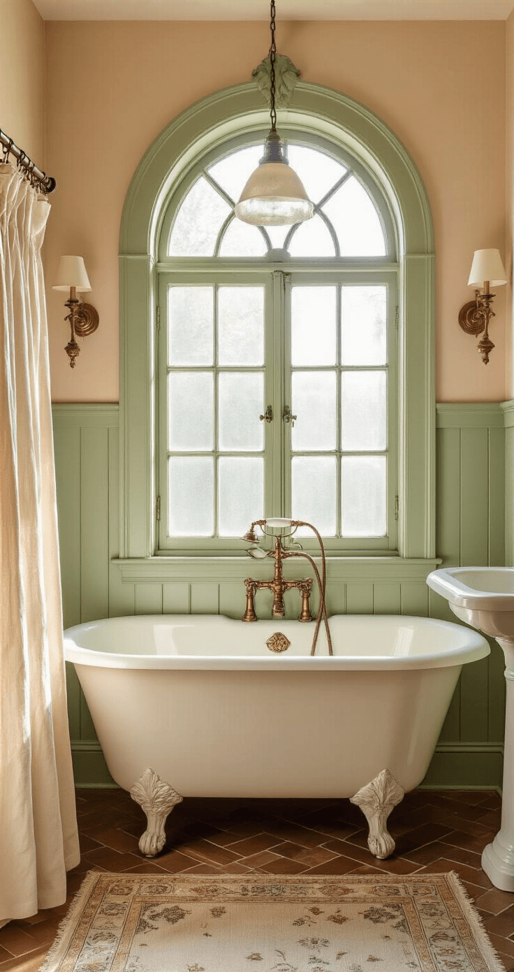 A vintage bathroom featuring a clawfoot tub under an arched frosted glass window, with warm light reflecting off an ornate brass-framed mirror. The room has sage green wainscoting and soft blush walls, an antique pedestal sink with copper faucets, a natural linen shower curtain, and a herringbone marble floor partially covered by a faded Persian runner.