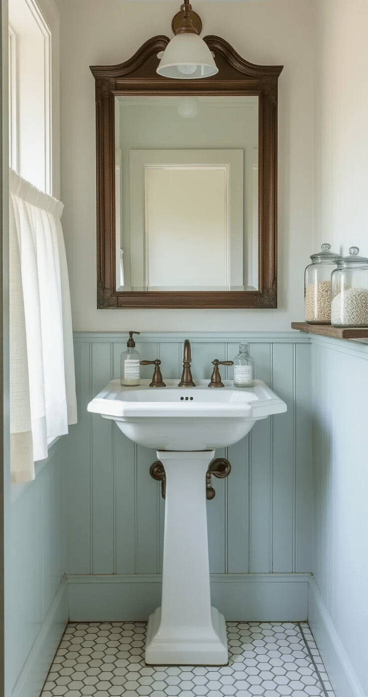 Intimate view of a petite bathroom featuring a Victorian-style beveled mirror above a white porcelain pedestal sink, pale blue beadboard walls, and original hex tile flooring. Glass apothecary jars on a weathered brass shelf and muslin café curtains filter morning light, captured from a low angle to emphasize architectural details.
