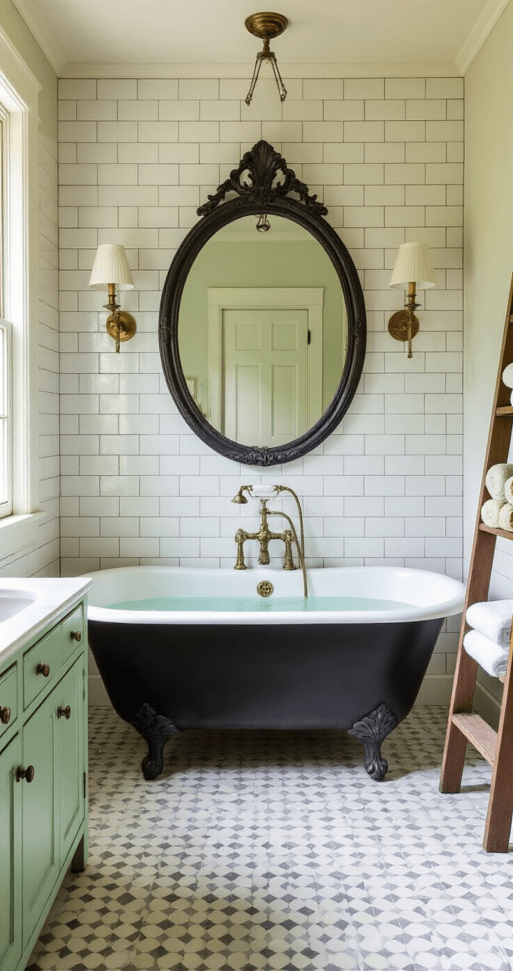 Bird's eye view of a vintage-inspired bathroom with a matte black claw-foot tub, subway-tiled walls, antique brass sconces, an ornate oval mirror, a mint green storage cabinet showcasing mercury glass, and a weathered oak ladder shelf with rolled Turkish towels, all illuminated by afternoon light.