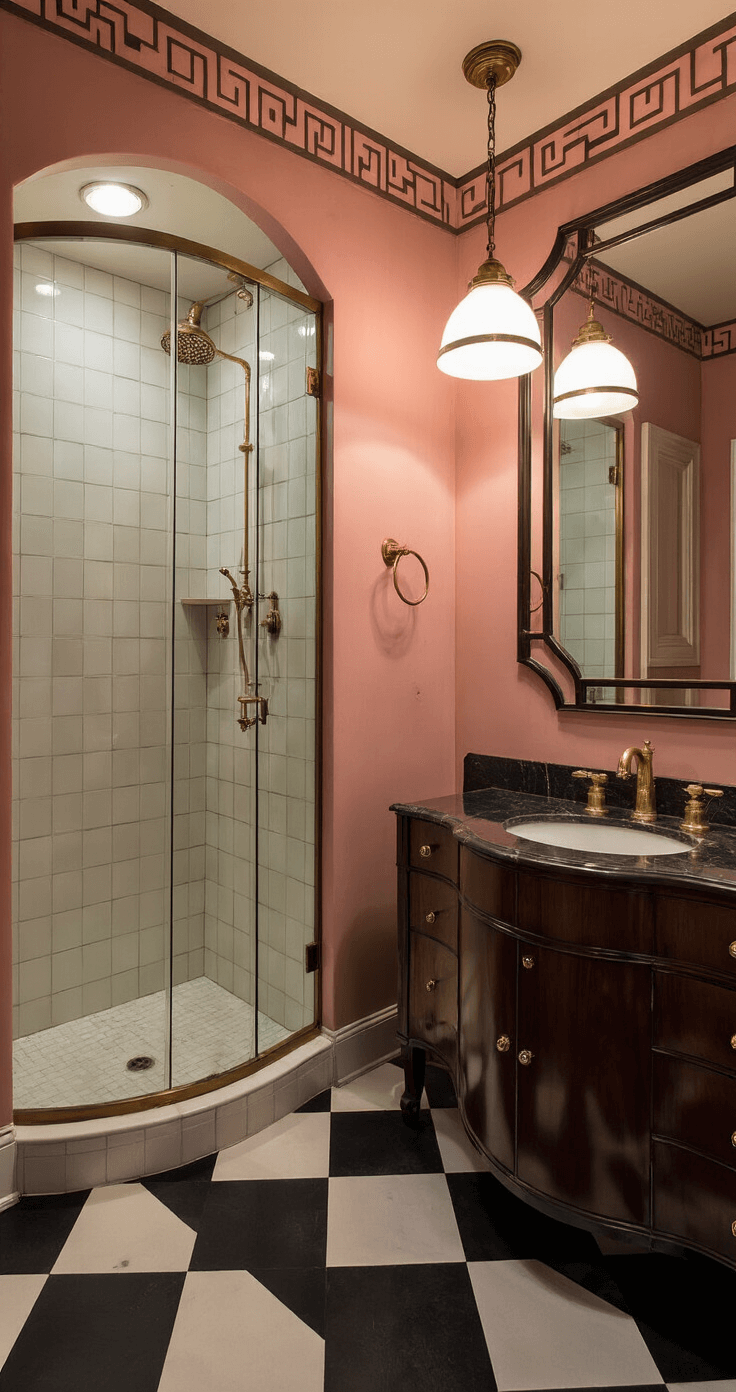 Dramatic dusk lighting in an art deco bathroom featuring a black and white checkered floor, a curved shower alcove with brass fixtures, warm illumination from a milk glass pendant lamp, rose-colored walls with geometric trim, a dark mahogany vanity with a marble top, and a Venetian mirror reflecting the evening ambiance.